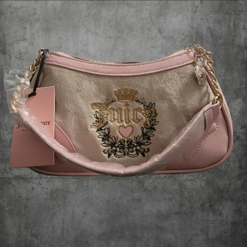 👑 Juicy Couture Velour Shoulder Bag — Crest Embroidery — Gold Chain — Y2K — NWT
